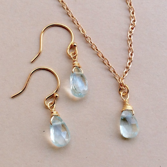 Natural Aquamarine Gold Plated Necklace & Earrings - Picture 1 of 16